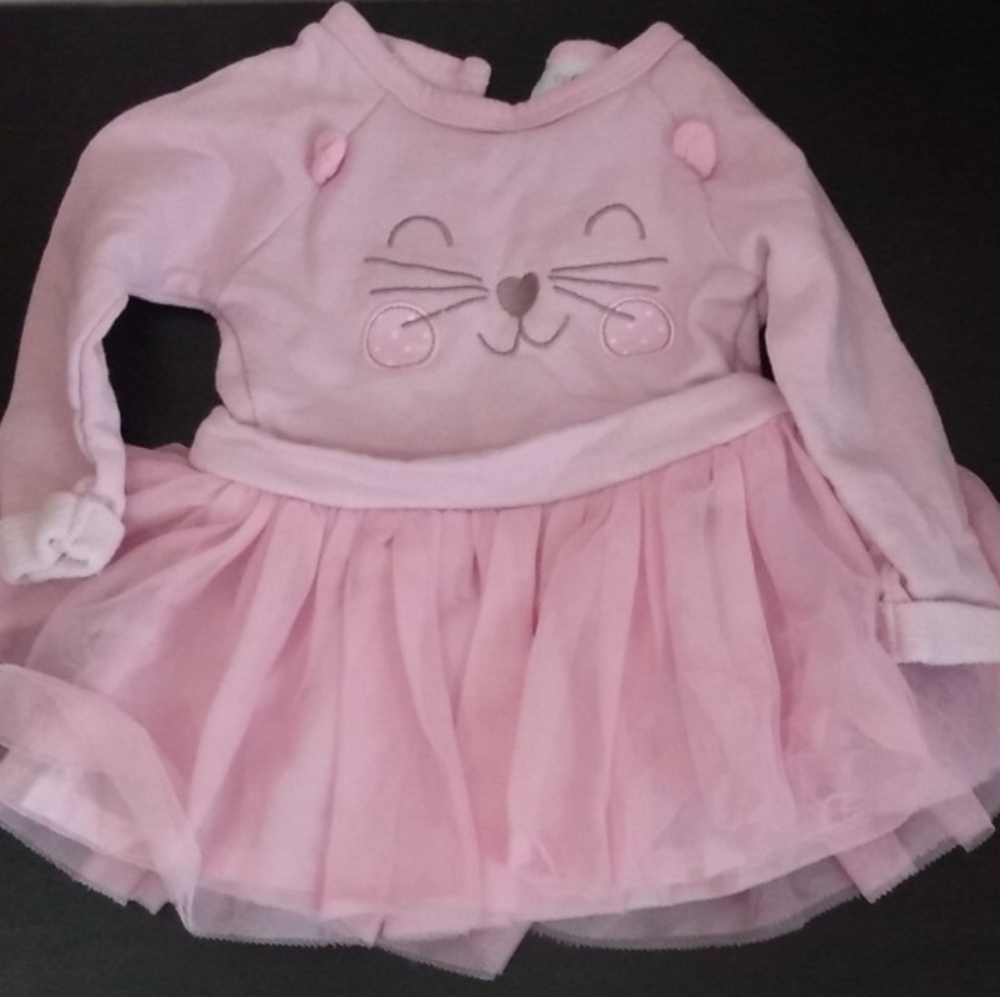 Pink Kitten Print Tulle Long sleeve Dress Sz 9-12 month